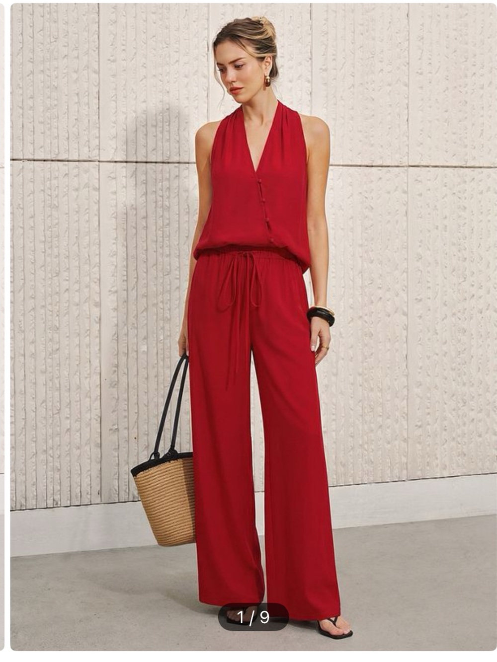 Commense Red Cotton-Linen Wide Leg Pant Set